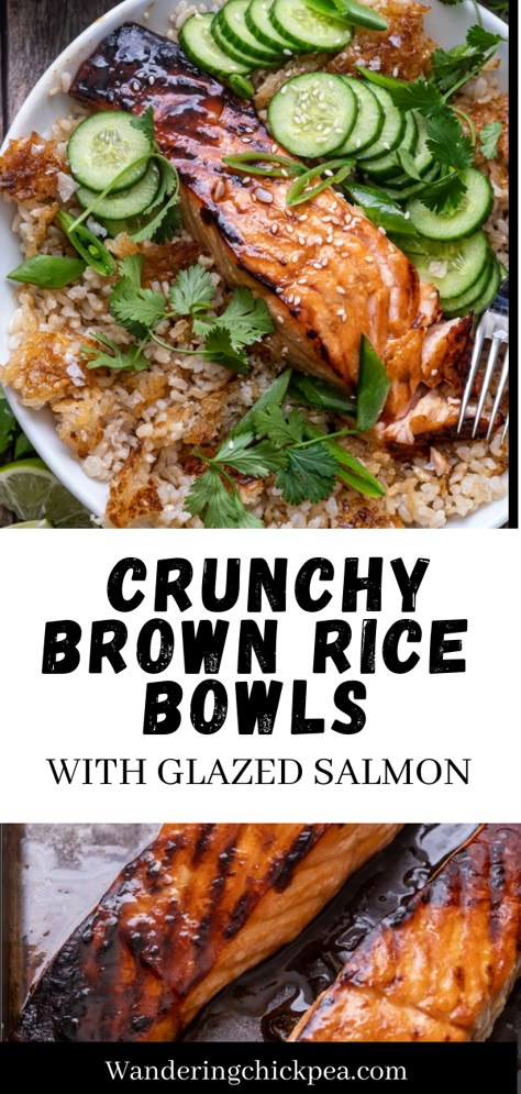 These brown rice bowls are the perfect healthy lunch or weeknight dinner, with crispy brown rice, oven baked salmon and a creamy tahini dressing. Completely dairy free, gluten free and pescatarian, these brown rice bowls are nourishing, satisfying and easy to make any night of the week. Pescatarian Dairy Free, Vegetarian Recipes Dinner Dairy Free, Healthy Dinner Recipes For Family Dairy Free, Healthy Dinner Recipes Non Dairy, Fish Lunch Ideas Healthy Meals, Gluten And Dairy Free Meals Dinner Ideas, One Bowl Dinner Recipes, Salmon Bowls Healthy Dinners, Healthy Recipes Gluten Free Dairy Free