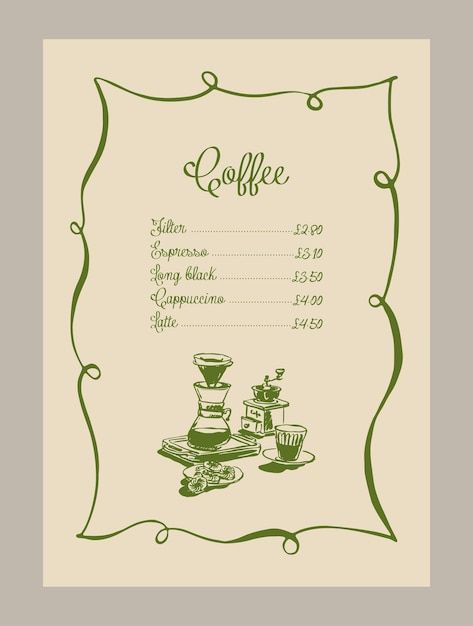 Vector elegant coffee menu template with... | Premium Vector #Freepik #vector High Tea Menu Design, Menu Illustration Design, Tea Menu Design, Coffee Menu Template, Sketch Menu, High Tea Menu, Menu Illustration, Menu Card Design, Coffee Shop Menu