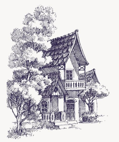 Illustration about Wooden house, lodge or cabin, oak trees hand drawing. Illustration of building, property, architecture - 248460720 Old Cabin Drawing, Wooden House Drawing, Forest House Drawing, Cabin In The Woods Drawing, Cabin Sketch, Cabin Drawing, Cabin Illustration, Vintage Scenery, Scenery Forest