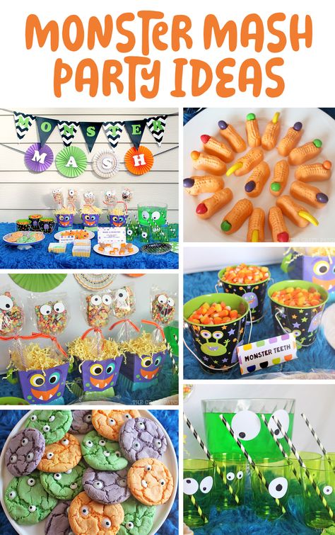 Monster Mash Theme Party, Monster Mash Party Food, Monster Mash Costume Ideas, Halloween Themed Kids Birthday Party, Monster Mash Decor, Monster Birthday Food Ideas, Monster Bash Halloween Party, Monster Mash Halloween Party Decorations, Monster 3rd Birthday Party