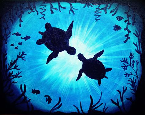 Cute Canvas Paintings, Turtle Painting, Easy Canvas Painting, Turtle Art, Canvas Painting Diy, Night Painting, Sea Turtles, Painting Art Projects, Pastel Art