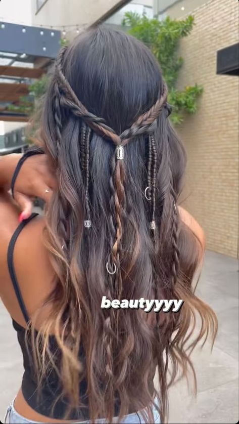 Fairy Cosplay Hairstyles, Dragon Braid Hairstyles Half Up Half Down, Boho Festival Hairstyles, Mystical Hairstyles, Hair With Jewels, Fairy Aesthetic Hair, Fire Queen, Pirate Hair, Nurse Hairstyles