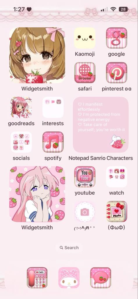 #homescreen #ios #iphone #kawaiiwallpaper #cutecore🎀🍓🎤🍮 #kawaiiphonesetup Kawaii Ios Homescreen, Iphone Wallpaper Icon Ideas, Cutecore Ios Layout, Kawaii Iphone Icons, Cutecore Iphone Layout, Cutecore Homescreen, Iphone Customization Ideas, Theme Iphone, My Homescreen