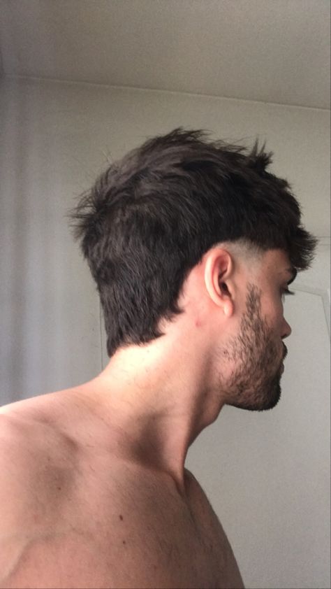 haircut High Taper Fade Mullet, Short Mulette Haircut Man, Men’s Semi Mullet Haircut, Haircut For Silky Hair Men, Morden Mullet Men, Morden Mullet Men Fade, Semi Mullet Hair Men, Low Mullet Fade, Soft Mullet Haircut Men