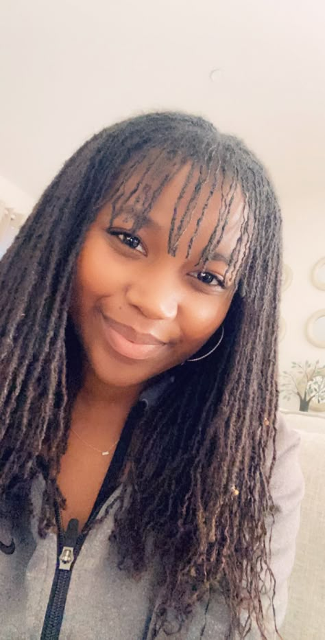 Had my sister locks for a few years. Finally got bangs. My loctician is amazing 😄 #sisterlocks Sisterloc Bangs, Sisterlock Bangs, Sisterlocks With Bangs, Sisterlocs With Bangs, Micro Locs With Bangs, Sister Locs With Bangs, Microlocs With Bangs, Dread Bangs, Locks With Bangs