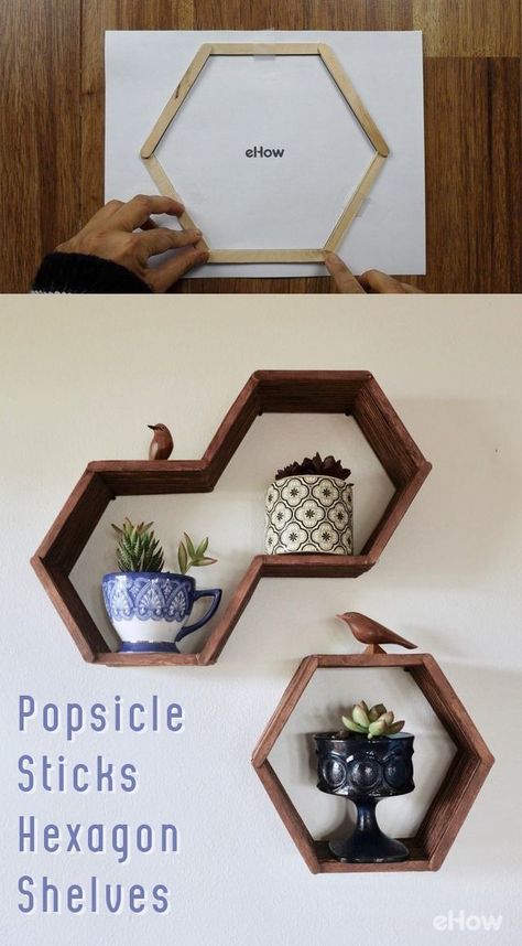 Diy Home Decor For Apartments, Honeycomb Shelves, Diy Tumblr, Hexagon Shelves, Diy Wand, Dekor Diy, Kraf Diy, Diy Home Decor On A Budget, Popsicle Sticks