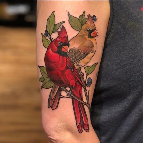 Two cardinal upper arm tattoo 1 Female Cardinal Tattoo, Cardinal Tattoo Ideas, Cardinal Bird Tattoos, Small Cardinal Tattoo, Dogwood Flower Tattoos, Arm Tattoo Designs, Upper Arm Tattoo, Greek God Tattoo, Cardinal Tattoo