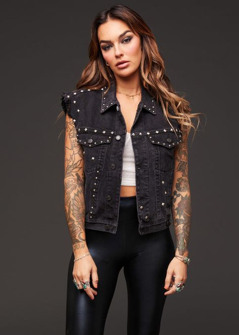 Black Denim Vest Outfit, Sleeveless Top Outfit, Mermaid Sequin Dress, Concert Outfit Rock, Velvet Bell Bottoms, Black Denim Vest, Sleeveless Jean Jackets, Lace Bralette Top, Black Lace Choker