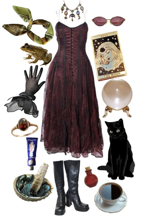 whimsical goth outfit ideas | #witch #happyhalloween #halloween Wiccan Outfits Witches, Goth Boho Fashion, Woodland Goth Fashion, Crystal Witch Outfit, Gothic Witchy Outfits, Everyday Halloween Outfits, Fall Witch Outfits, Witch Style Outfits Modern, Fire Witch Outfit