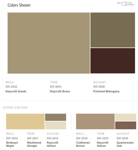 Sherwin Williams Roycroft Suede Craftsman Exterior Colors Schemes, Exterior House Paint Colors, Sherwin Williams Color Schemes, Exterior Paint Combinations, Craftsman Colors, Exterior Color Combinations, House Paint Colors, Exterior Paint Schemes, Exterior House Paint