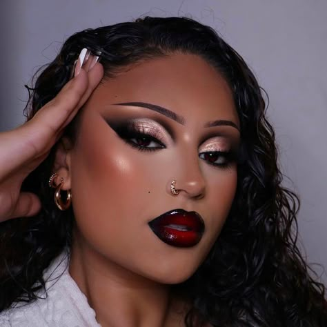 Black Lipstick Makeup, Black And Red Makeup, Black Makeup Looks, Brown Makeup Looks, Red Lipstick Makeup Looks, Red Makeup Looks, Birthday Makeup Looks, Red Lips Makeup Look, Sultry Makeup