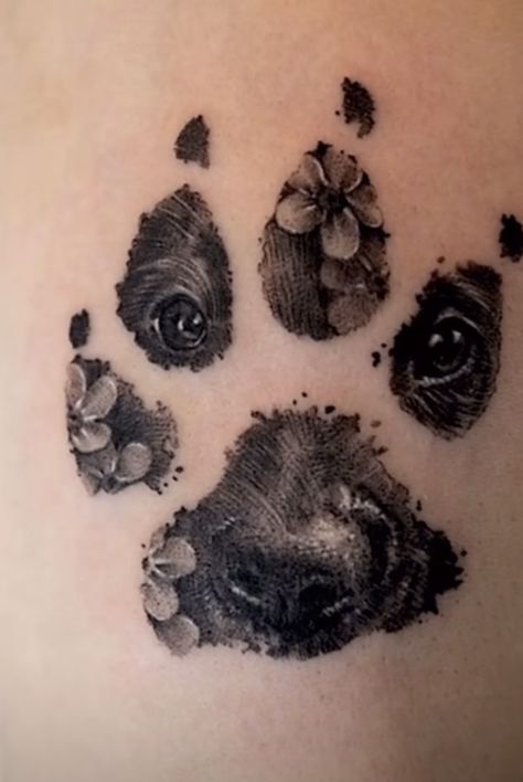 Dog Memorial Tattoo, Nose Tattoo, Rip Tattoo, Dog Memorial Tattoos, Pawprint Tattoo, Animal Tattoo Ideas, Back Piece Tattoo, Paw Tattoo, Tattoo People