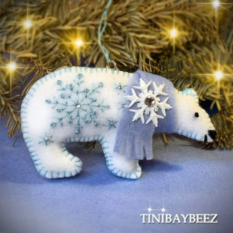 Polar Bear Ornament-Embroidered Felt Polar Bear Cub Ornaments Set of 2 – Shop Tinibaybeez Felt Polar Bear, Diy Felt Christmas Ornaments, Polar Bear Ornaments, Baby Mobil, Felt Ornaments Patterns, Felt Crafts Christmas, Embroidered Stars, Felt Christmas Decorations, Felt Ornament