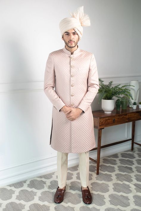 Buy Contrast By Parth Peach Jacquard Embossed Sherwani Set Online | Aza Fashions Kurta And Pants, Sherwani For Men, Add Sleeves, Indian Wedding Wear, Wear Store, Shadow Play, Fashion App, Silk Pants, Jacquard Fabric