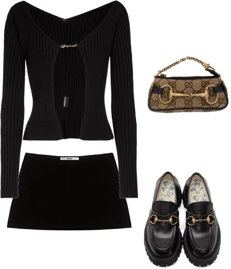 Gucci Outfit Ideas, Outfit Ideas Shoplook, Outfit Ideas With Black Skirt, How To Style A Black Mini Skirt, Gucci Aesthetic Outfit, Outfit Ideas With Loafers, Gucci Clothes Women, Mini Black Skirt Outfit, Outfit Ideas Mini Skirt