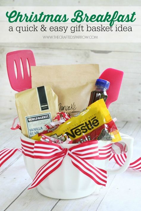 Christmas Breakfast Gift Basket, Easy Gift Baskets, Breakfast Gift Basket, Breakfast Basket, Breakfast Gift, Christmas Gift Baskets Diy, Raffle Baskets, Diy Gift Baskets, Creative Diy Gifts