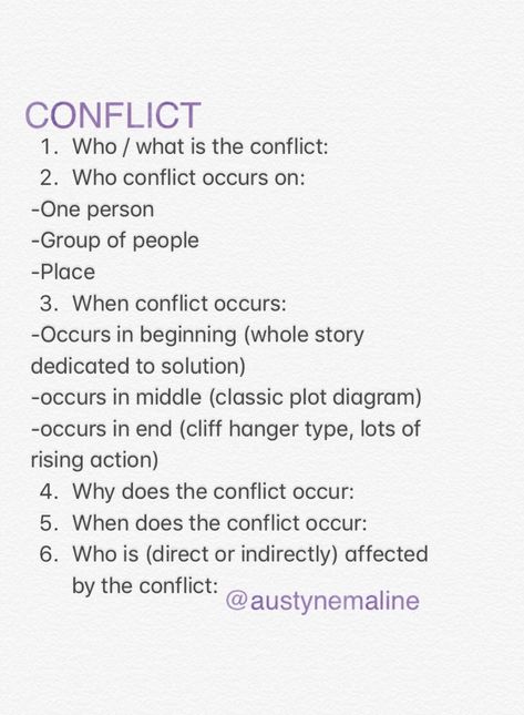 Conflict checklist Helps establish plot before writing by establishing conflict details Conflict Ideas, Writing Development, Writers Help, Writer Tips, Writing Characters, Writing Dialogue, Book Writing Tips, Writing Resources, Writing Words