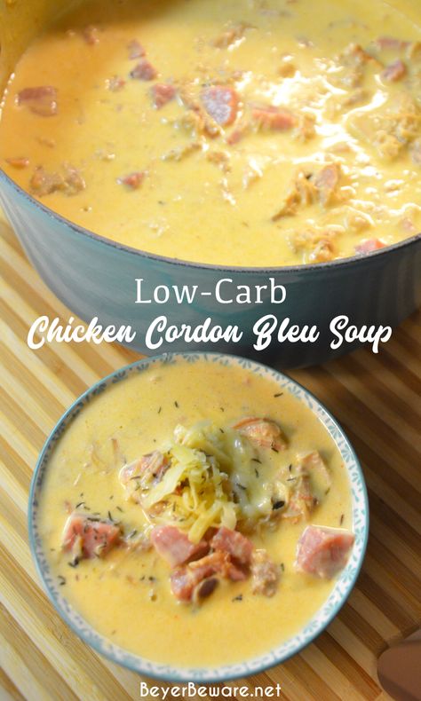 Low-Carb chicken cordon bleu soup combines shredded chicken with cream cheese, herbs and spices and broth to make this rich and creamy keto soup. Cold Day Soup Recipes, Low Carb Soup Recipes Ground Beef, Chicken Cordon Bleu Soup, Cordon Bleu Soup, Chicken With Cream Cheese, Low Carb Soup Recipes, Soup Chili, Low Card, Chicken Cordon