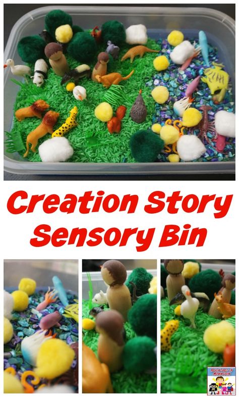 Religious Sensory Bin, Prek Creation Activities, Creation Story Sensory Bin, Creation Sensory Activities, Creation Story Activities Preschool, Bible Story Activities For Preschoolers, Creation Theme Preschool, Creation Bible Story Craft, Creation Bible Story For Preschoolers