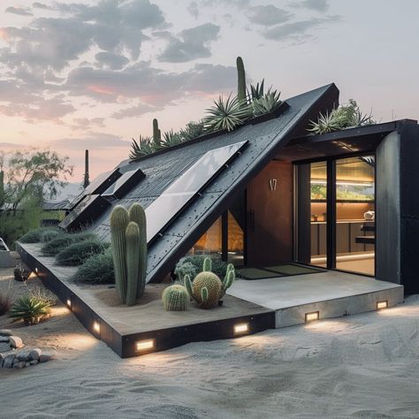 Modern Earthship Design, Sustainable Roof Design, Desert Sustainable Architecture, Sustainable House Interior, Solar Homes Design, Environmental Design Architecture, Tiny Earthship, Earthship Architecture, Eco House Exterior