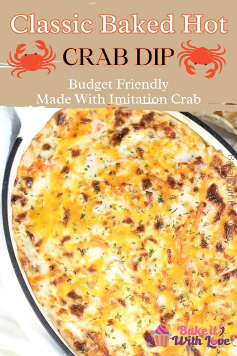 Hot imitation crab dip is a rich and cheesy chip or cracker dip that is easy to make, is perfect for parties, and always gets rave reviews! This warm seafood dip can be whipped up in under 30 minutes with just a handful of ingredients. You can even mix your crab dip in advance and bake it before the party so it's hot and fresh! BakeItWithLove.com #appetizer #seafood #partyfood #chipdip #snack #crab Imitatation Crab Dip Recipe Ideas, Imitated Crab Dip Recipes, Warm Dips Easy, Cheesy Crab Dip Recipe, Artichoke Crab Dip, Imitated Crab Recipes, Crabmeat Dip, Seafood Dips Recipes, Cheesy Crab Dip