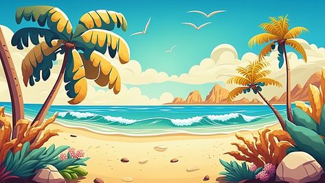 summer,beach,vacation,ocean,coconut,beach leisure,cartoon sand pile,coconut tree,stone,sea wave,clouds,trees,shrub,mountain,seagull,the sea,summer climate,beach background,summer seaside leisure,seaside,sand sculpture,summer day,spray,midjourney Beach Wallpaper Cartoon, Beach Illustration Background, Beach Template Background, Beach Cartoon Background, Vacation Background, Background Images Sea Beach, Beach Rainbow, Beach Cartoon, Coconut Beach