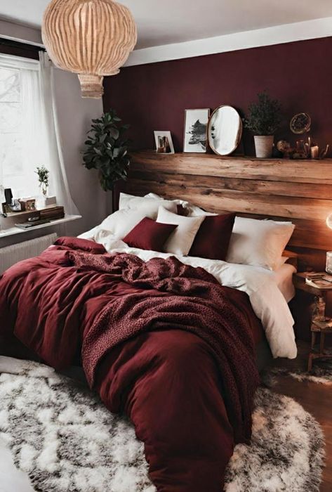 Bedroom Wine Color, Maroon Curtains Bedroom, Burgundy Wall Bedroom, Maroon Accent Wall Bedroom, Bedroom With Red Rug, Burgundy Bedrooms, Burgundy Room Aesthetic, Burgundy Room Ideas Bedrooms, Red Wall Bedroom