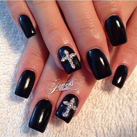 Love Nails With A Cross Design Simple, Black Nails With Cross Charm, Nails With Cross, Coffen Nails, Baddie Inspiration, Nail Charms Jewelry, Nails With Charms, Cross Nails, Punk Nails