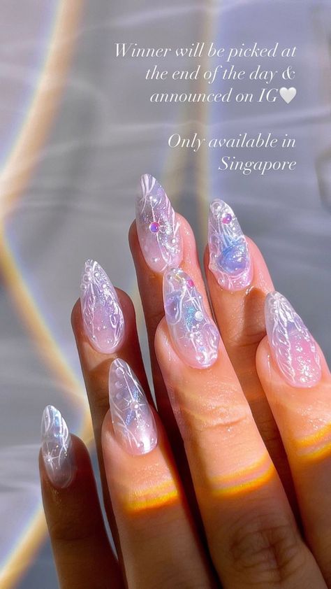 Simple Jellyfish Nail Art, Avatar Themed Nails, Clear 3d Nails, Water Ripple Nails, Rain Inspired Nails, Purple Ethereal Nails, Fairy Almond Nails, Simple Fairy Nails, Wisteria Nail Art