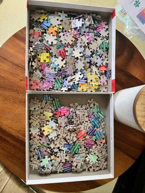 Puzzle pieces in the box for our fertility fundraiser to pay for our IVF cycle. One side has the pieces “sold” with the names on them, the other side has the pieces we still need donations for. Ivf Fundraising Ideas, Ivf Must Haves, Ivf Preparation, Ivf Transfer Day, Ivf Failure, Ivf Cost, Family Planning, Baby Planning, Go Fund Me