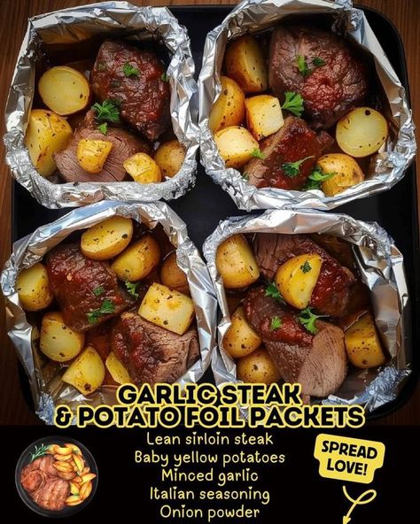 Baby Yellow Potatoes, Potato Foil Packets, Steak Foil Packets, Foil Packet Potatoes, Nigella Lawson Recipes, Garlic Steak, Steak Potatoes, Foil Pack Meals, Grandma Cooking