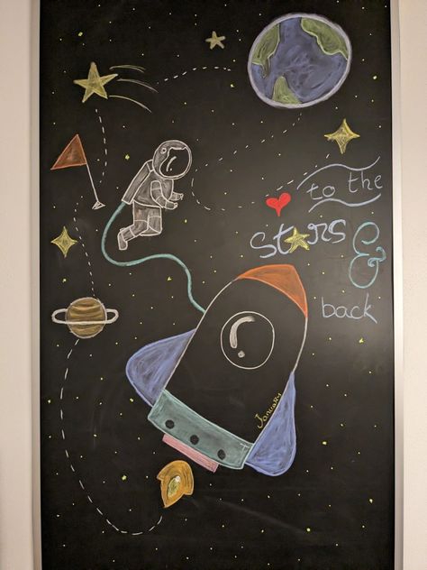 Chalk Space Art, Space Chalkboard Art, Black Board Chalk Art, Chalk Wall Designs, Black Board Design Chalkboards, Blackboard Art Ideas, Simple Chalkboard Art, Chalk Wall Ideas, Black Board Decoration Ideas School