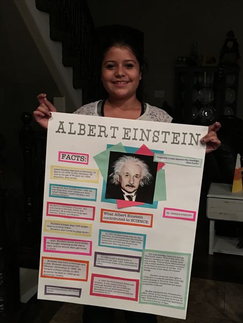 Albert Einstein Famous Person Poster Project, Famous Person Project Ideas, Albert Einstein Science Project, Biography Poster Ideas, Albert Einstein Projects, Posterboard Projects For School, Albert Einstein For Kids, Albert Einstein Biography, Einstein Project