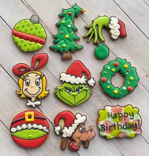 Grinch Birthday Cookies, Grinch Cookie, Grinch Birthday, Grinch Cake, Christmas Sugar Cookies Decorated, Grinch Cookies, Grinch Santa, Cartoon Cookie, Grinch Christmas Party