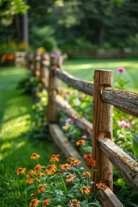 Split Rail Fence Landscaping Ideas for Your Yard Log Cabin Fence Ideas, Split Rail Fence With Gate, Split Rail Fence Ideas Landscaping, Farm Fence Ideas Country Life, Garage Landscaping Ideas, Rustic Fence Ideas Country Living, Split Rail Fence Landscaping, Log Fence Ideas, Farm Landscaping Ideas