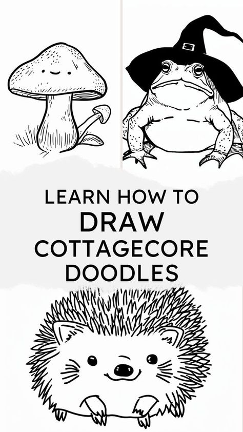 Transport yourself to a storybook countryside by doodling these 19 charming cottagecore sketches! Learn to draw flowers, mushrooms, bunnies and more. #cottagecore #doodling #arttutorials🌾 How To Draw Cottagecore, Marker Art Simple Doodle, Cottagecore Flower Drawing, How To Draw Woodland Animals, How To Draw A Mouse, How To Draw A Mushroom, Cottagecore Sketches, Cottagecore Doodles, Bunny Doodles