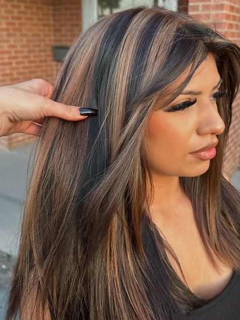 Highlights Hair Black, Black And Brown Hair, Chunky Blonde Highlights, Highlights Hairstyles, Types Of Hair Color, Skunk Hair, Blonde Highlights On Dark Hair, Chunky Highlights, Color Highlights