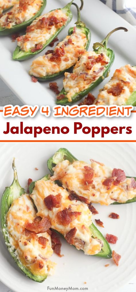 Baked Jalapeno Poppers - This Jalapeno poppers recipe has just four ingredients and is super easy recipe to make when you need a delicious party food, appetizer or just a yummy snack.   #bakedjalapenopoppers #jalapenopoppers #bitesizefood #easyrecipe #appetizer Halopinio Poppers, Jalopinos Poppers, Jalapeno Poppers Oven, Hosting Appetizers, Easy Jalapeno Poppers, Cream Cheese Jalapeno, Baked Jalapeno Poppers, Cream Cheese Jalapeno Poppers, Jalapeno Poppers Recipe