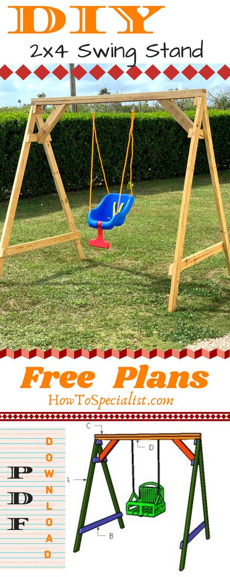 This step by step project is about how to build a 2x4 swing stand. You can build this frame using just 2x4s and screws. If you want to keep the costs down and to build a stand for a toddler swing, these are the plans to follow. Full Cut and Shopping lists included. PDF download, as well! #swingstand #toddlerswing #2x4project Diy Swing Frame, Homemade Swing Set, Diy Swing Set, Kids Village, Swing Set Plans, Swing Set Diy, Diy Swing, Indoor Swing, Diy Toddler