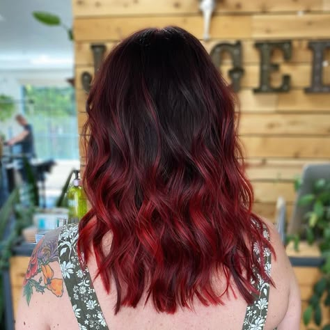 Brown Hair Red Money Piece, Red Hair Shadow Root, Cherry Ombre Hair, Brown Hair Red Tips, Red Ombré Hair, Double Braid Hairstyles, Long Hair Transformation, Ombre Hair Color For Brunettes, Balyage Long Hair