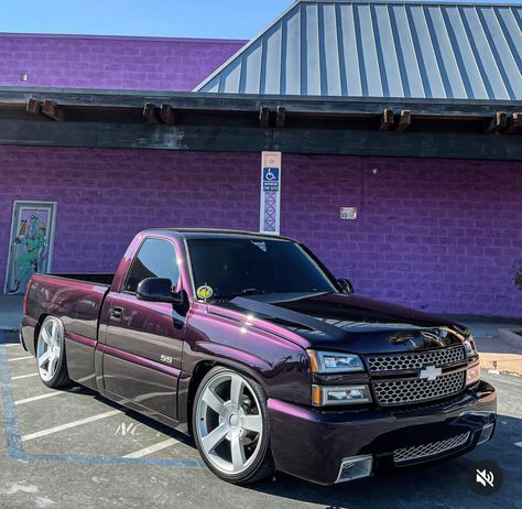 Cateye Chevy Lowered, Single Cab Silverado, Cateye Chevy, Pink Chevy Trucks, Chevy Single Cab, Drawing Truck, Mexican Lowrider, Purple Truck, Pink Chevy