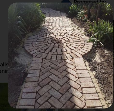 Brick And Cobblestone Walkway, Brick Porch And Walkway, Brick Path Ideas, Brick Paths Garden, U Shaped Driveway Ideas Front Yards, Brick Path Garden, Brick Path Patterns, Permeable Walkway, Brick Paver Patterns