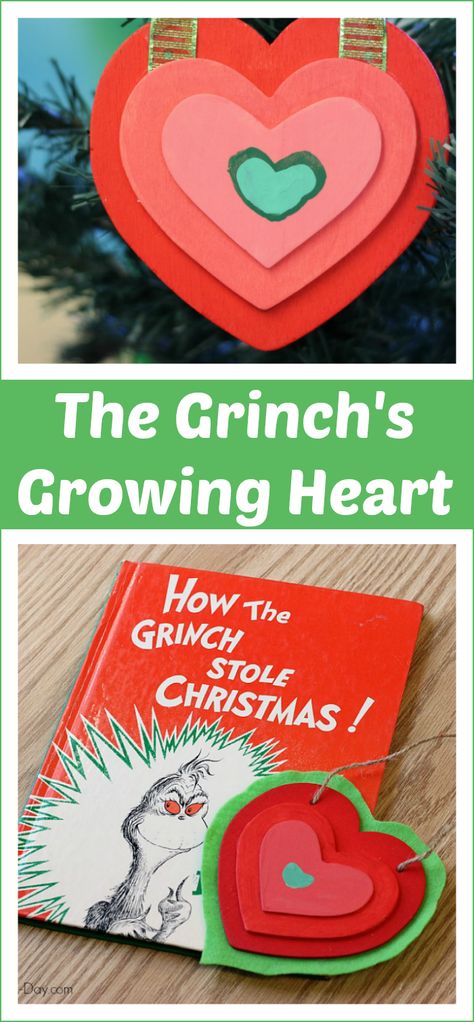 Make a homemade Christmas ornament based on a children's book - The Grinch's Growing Heart Homemade Christmas Ornament, Book And Craft, Grinch Heart, Grinch Crafts, Grinch Christmas Party, Whoville Christmas, Grinch Party, Heart Christmas Ornaments, The Grinch Stole Christmas