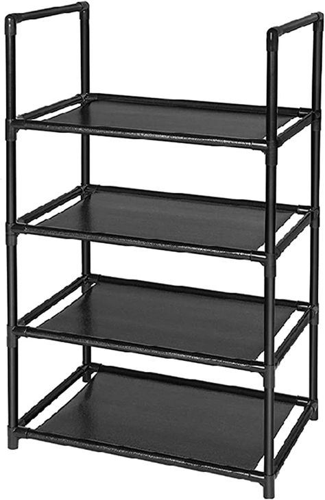 Elechotfly 4 tier shoe rack help keep your shoes in order.Storage quantity: 8-10 pairs of shoesShoe racks size: 17.7"L x 11"W x 29.5"H.  Height per shelf: 6.3"HColor: BlackPackage Contents: 1 x shoe holder, 1 x wooden mallet, 1 x installation instructionsMaterial: stainless steel tube, non-woven fabric, plastic connectorsWhy Choose Us?Easy to assemble and disassemble, the shoe cabinet features a stackable shoe rack design and sturdy construction. You can choose to buy 2 or more units for vertica Tower Shelf, Shoe Tower, Small Shoe Rack, Shoe Cabinet Storage, Shoe Rack Bedroom, 4 Tier Shoe Rack, Metal Shoe Rack, Bamboo Shoe Rack, Stackable Shoe Rack