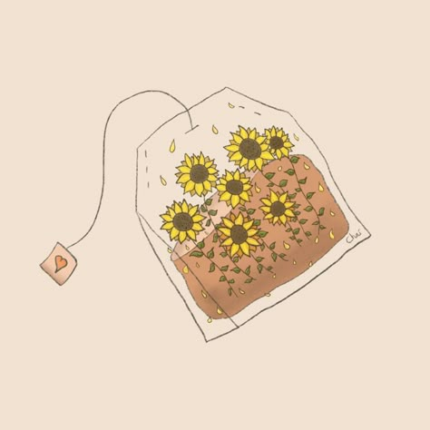 I made a cosy illustration of a sunflower tea bag ! Prints are available on INPRNT 🌿 Tea Bag Aesthetic, Cute Autumn Drawings, Tea Bag Illustration, Tea Art Illustration, Sunflower Illustration Art, Tea Illustration Art, Cosy Illustration, Tea Time Aesthetic, Self Care Illustration