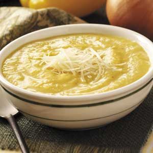 ROASTED YELLOW PEPPER SOUP (from Best of Taste of Home Vol. 2) - We got this recipe from a good friend and Merchant Marine in New Hampshire. My husband and our two small children liked it so much that I started raising yellow peppers. We enjoy it in the middle of summer or on a cool fall day. —Amy Spurrier Wellsburg, West Virginia  This recipe is: Contest Winning Yellow Squash Soup, Pepper Soup Recipe, Ham Soup, Pepper Soup, Recipe Cover, Turkey Soup, Barley Soup, Yellow Pepper, Stuffed Pepper Soup