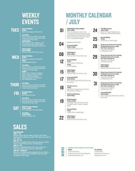 The OC Mix » July Calendar                                                                                                                                                                                 More: Calendar Of Events Design, Program Schedule Design, Schedule Design Ideas, Event Program Design, Schedule Design Layout, Event Schedule Design, Calendar Flyer, Programme Design, Design Flyers