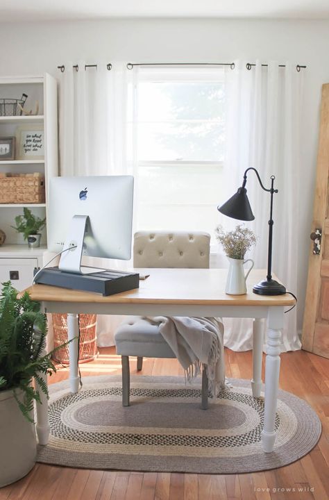 Learn how to hide annoying computer cords from LoveGrowsWild.com - perfect for when you don't want your desk shoved against a wall! Small Home Office Furniture, Home Office Furniture Design, Home Office Layout, Cozy Home Office, Office Remodel, Office Lounge, Cosy Home, Office Furniture Design, Office Layout