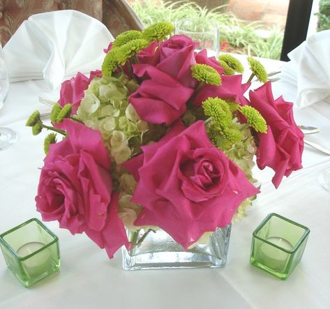 Floral Centerpiece of Hot Pink Roses Green Baby Shower Centerpieces, Hot Pink Centerpieces, Pink And Green Baby Shower, Pink Dinner, Ideas For Weddings, Easter Floral Arrangement, Pink Centerpieces, Pink Wedding Theme, Green Baby Shower