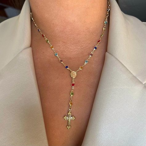 Multicolor Rosary Necklace 18K Gold Filled 18 Inches... - Depop Silver Necklaces Layered, Gold Rosary Necklace, Saint Necklace, Necklaces Layered, Colorful Gemstones, Gold Rosary, Layered Necklaces Silver, Rosary Necklace, Stacked Jewelry